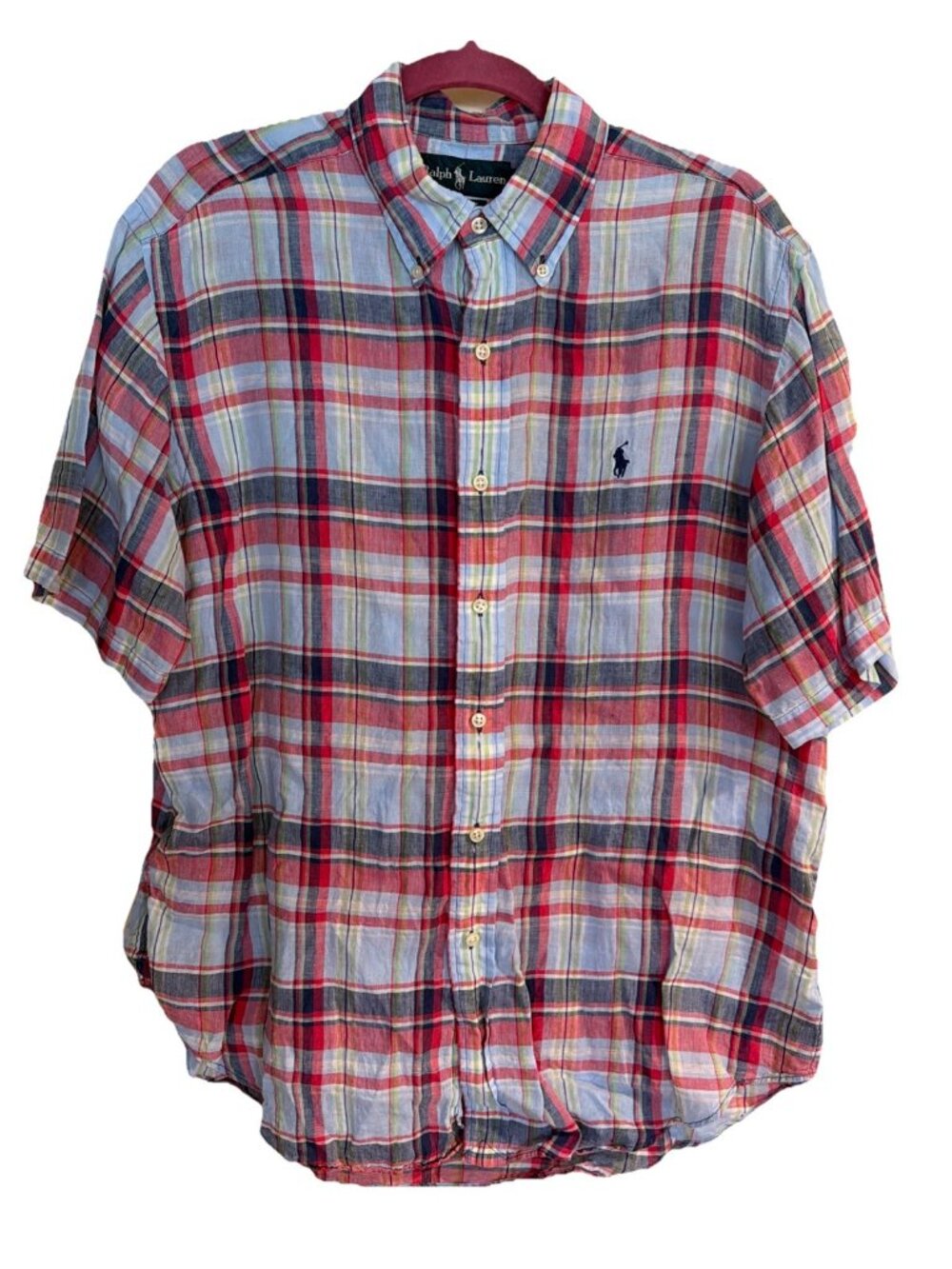 VTG Polo Ralph Lauren Linen Button Up Shirt Mens Large Blue Plaid Short Sleeve